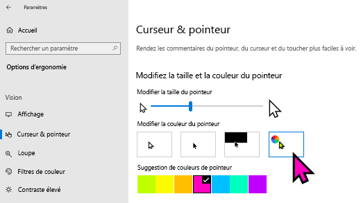 Modifier la taille et la couleur du pointeur dans Windows 10 Paramètres app