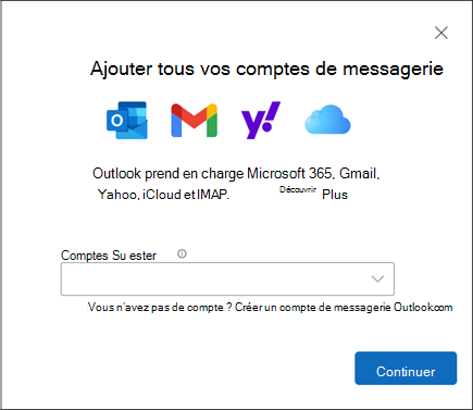 Boîte de dialogue Ajouter un compte dans le nouvel Outlook pour Windows