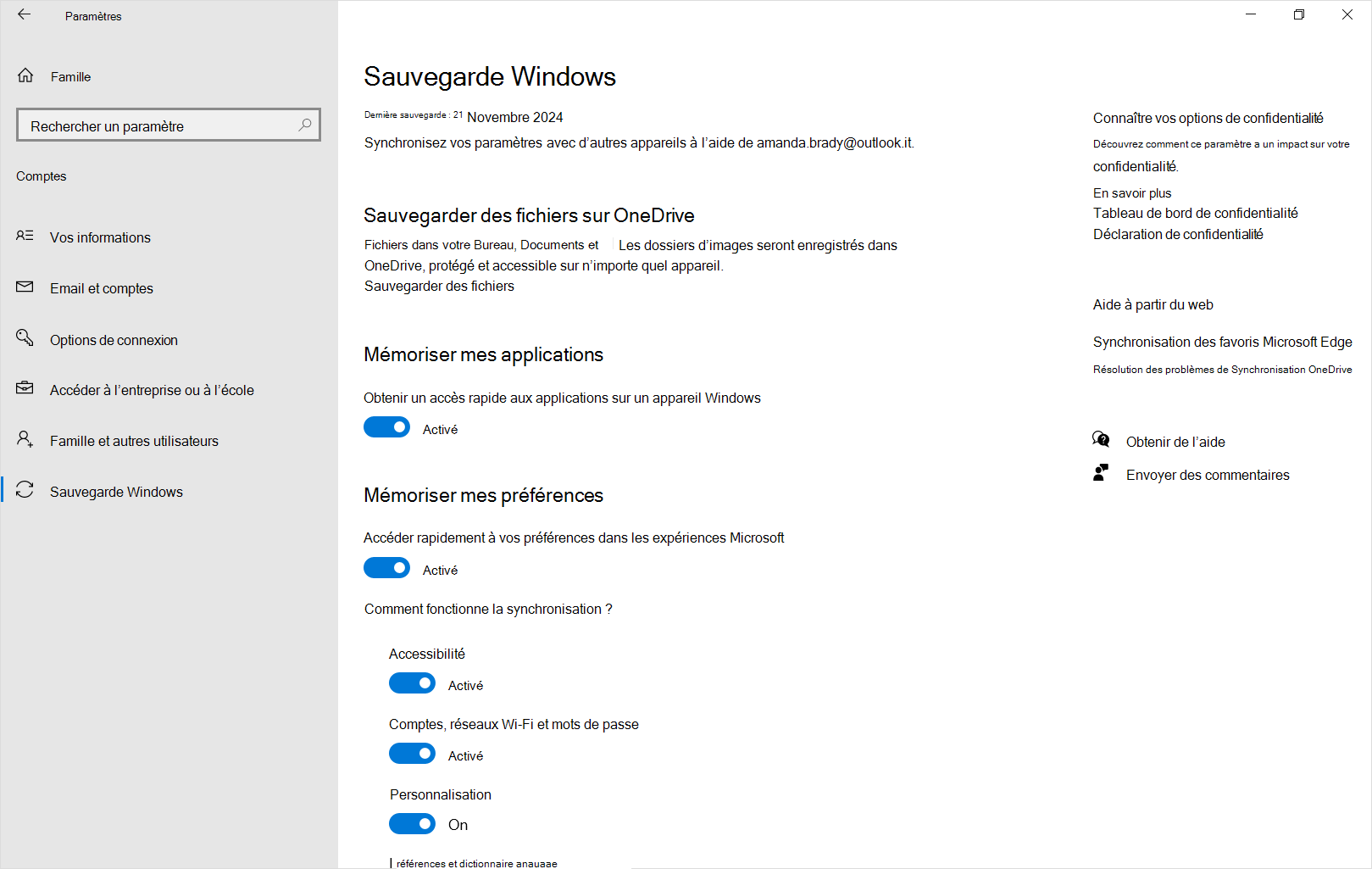 Capture d’écran de la sauvegarde Windows des paramètres dans Windows 10.