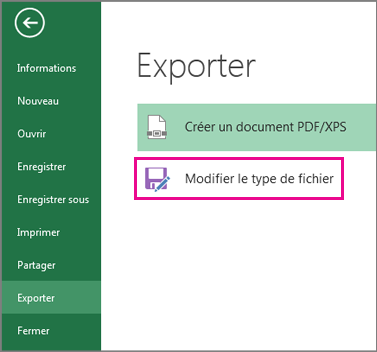 Modifier le type de fichier sous l’onglet Exporter