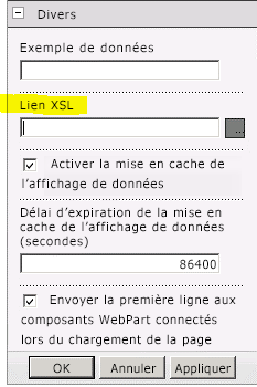 Propriété Lien XSL du menu Composant WebPart