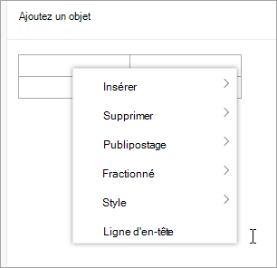 Capture d’écran du menu contextuel de tableau