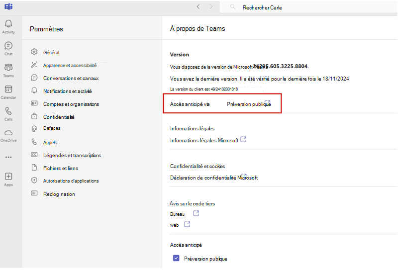 Accès anticipé actif dans Teams