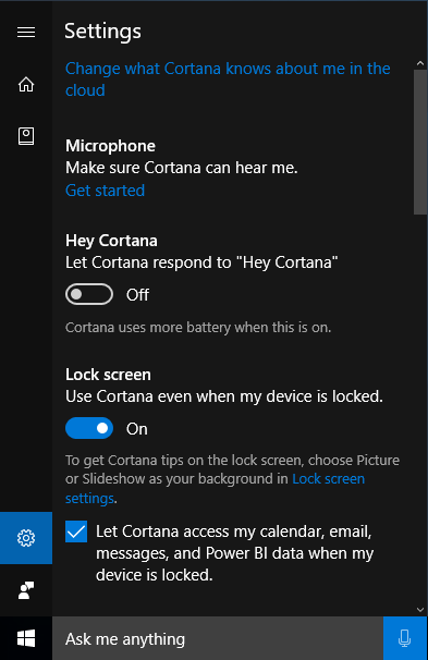 image des paramètres de Cortana