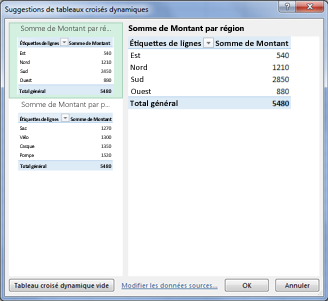 Dans Suggestions de tableaux croisés dynamiques, sélectionnez une disposition de tableau croisé dynamique dans Excel