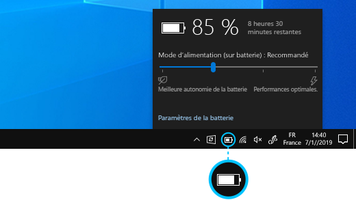 État de la batterie sur la barre des tâches Windows 10.