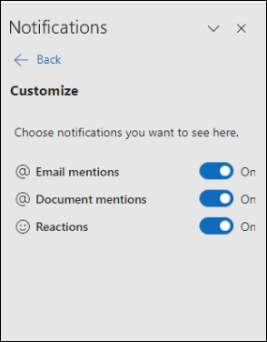 Volet paramètres de notification Outlook
