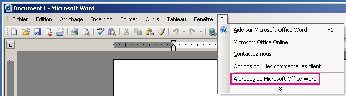 Aide > À propos de Microsoft Office Word dans Word 2003