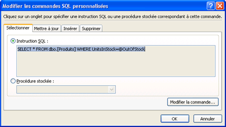 Boîte de dialogue Modifier les commandes SQL personnalisées avec instruction SQL