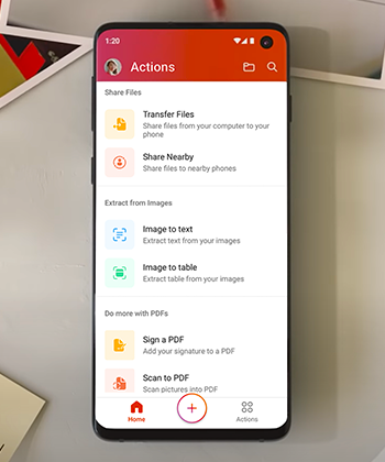 Menu Actions dans Office Mobile sur un téléphone Android