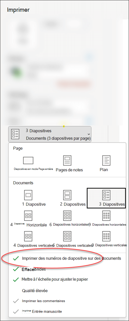 Boîte de dialogue Imprimer dans PowerPoint montrant l’option permettant d’imprimer des numéros de diapositive sur des documents.