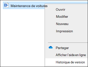 Explorateur de fichiers menu, y compris l’option Historique des versions.