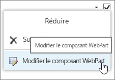 Menu pour la modification des composants WebPart mis en surbrillance