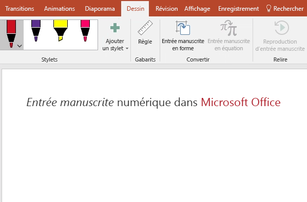 L’entrée manuscrite « Bonjour » figure sur la surface de dessin PowerPoint.