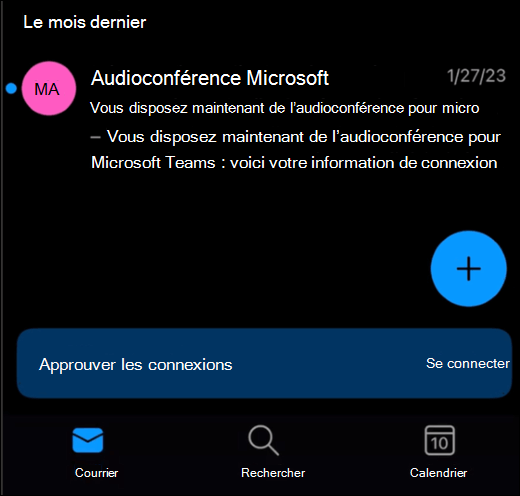 Boîte de réception dans Outlook Mobile affichant une bannière en bas de l’écran avec un bouton « Se connecter ».