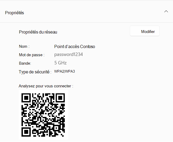 Capture d’écran d’un code QR utilisé pour se connecter à un appareil Windows faisant office de point d’accès.