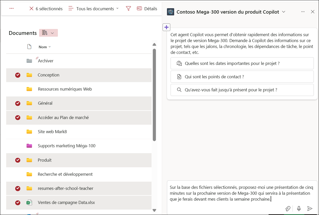 Capture d'écran de la sélection de fichiers dans la bibliothèque de documents pour le chat