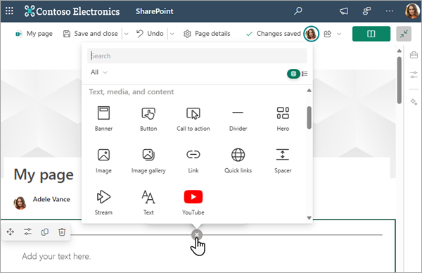 Capture d’écran montrant la boîte à outils à partir de laquelle vous travaillez sur la page du site.