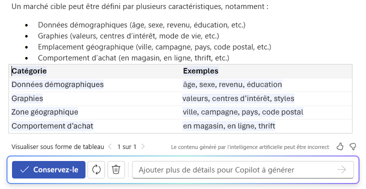 Capture d’écran de Copilot dans Word montrant la fonctionnalité texte à table