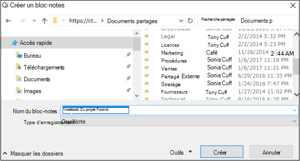 OneNote pour Windows 2016 - Boîte de dialogue Créer un bloc-notes