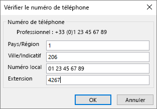 Dans Outlook, sur la carte de visite, sous numéros Téléphone contacts, choisissez une option et mettez à jour la boîte de dialogue Téléphone numéro de contact selon vos besoins.