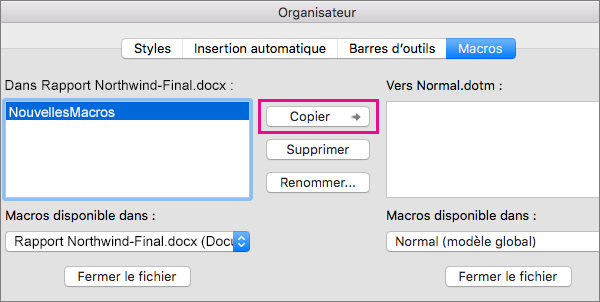 Sélectionnez une macro dans un document, puis cliquez sur Copier pour copier celle-ci dans un modèle sélectionné.