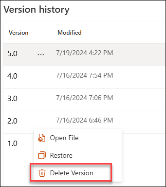 screenshot deleting a version
