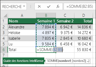 La cellule B6 affiche la formule SOMME via la fonctionnalité Somme automatique : =SOMME(B2:B5)