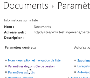 Boîte de dialogue Paramètres de la bibliothèque avec le paramètres de version sélectionné.