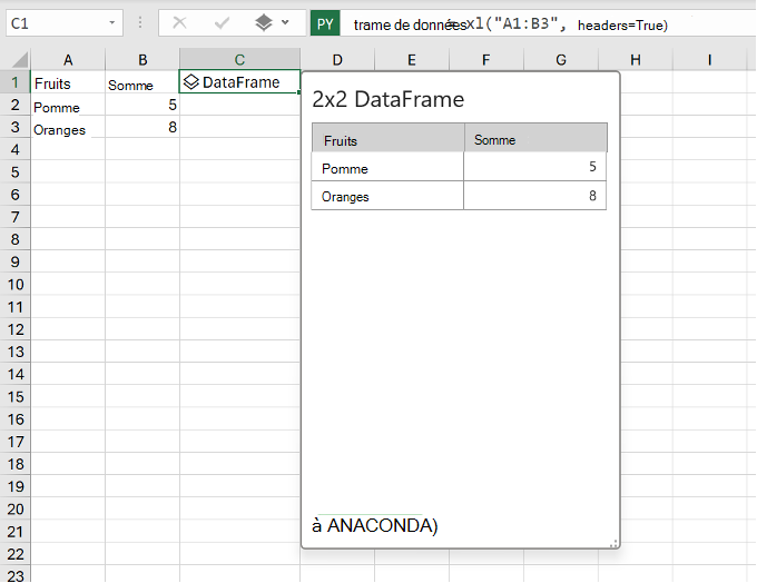 Préversion de Python dans le DataFrame Excel, montrant le code Python et les valeurs Excel.
