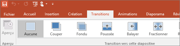 Onglet Transitions sur le ruban dans PowerPoint