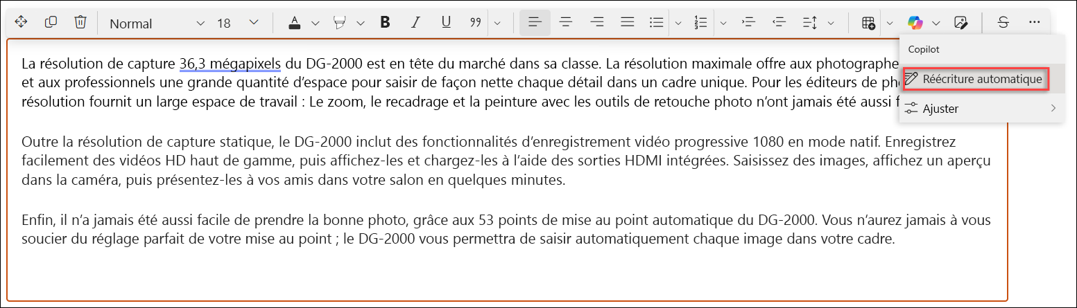 réécriture automatique avant : capture d’écran de l’exemple