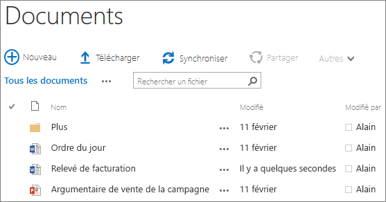 Capture d’écran d’une bibliothèque de documents dans SharePoint Server 2016