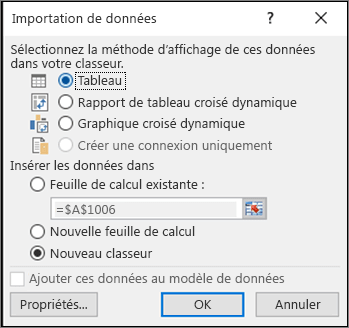 Boîte de dialogue Importer des données à partir de Excel 2016