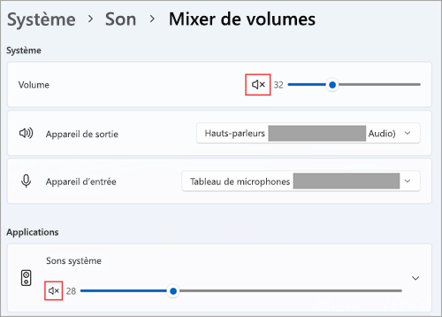 Affichez le volume et les périphériques audio par défaut dans le mixer de volumes Windows 11.