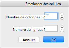 Capture d’écran montrant la boîte de dialogue Fractionner les cellules avec les options permettant de définir le nombre de colonnes et le nombre de lignes.