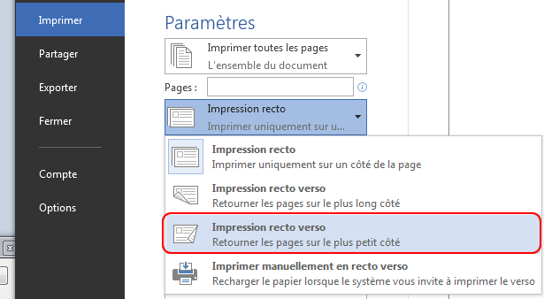 Sous Paramètres, sélectionnez l’option Impression recto verso au lieu de Impression recto.