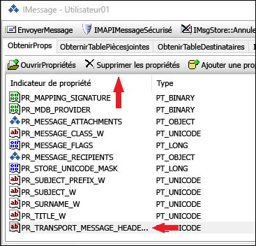 Utilisez OutlookSpy pour supprimer la propriété PR_TRANSPORT_MESSAGE_HEADERS.