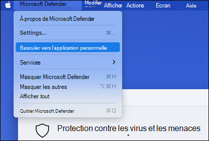 Le menu Microsoft Defender ouvert pour afficher l’option « Basculer vers l’application personnelle » sélectionnée.