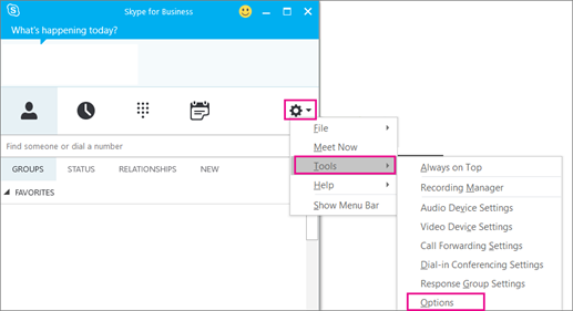 Dans Skype Entreprise, choisissez l’icône Outil, puis cliquez sur Outils > Options