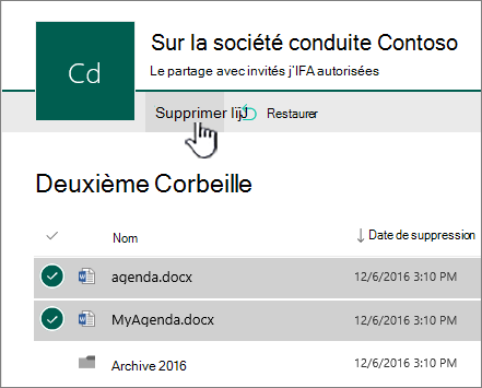 Recyclage sharePoint Online de 2e niveau avec le bouton Supprimer mis en surbrillance