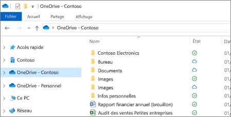 Capture d’écran montrant des fichiers OneDrive Entreprise dans l’Explorateur de fichiers