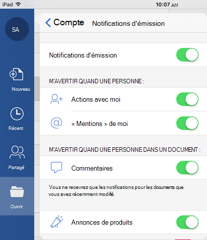 Appuyez sur le bouton de profil pour configurer des notifications Push pour les documents partagés