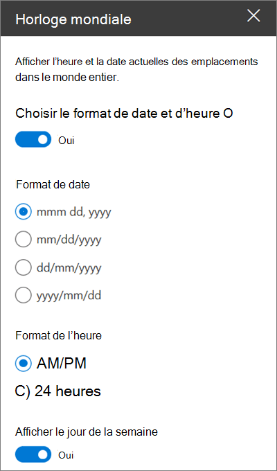 Boîte à outils du composant WebPart Horloge mondiale pour les sites SharePoint, montrant comment personnaliser la mise en forme de la date et de l’heure