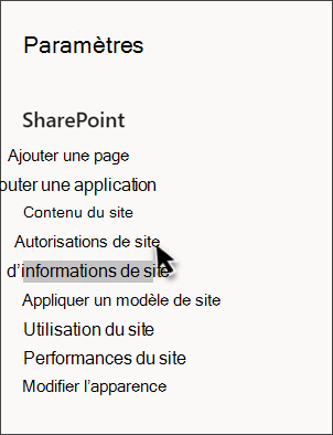 Capture d’écran des paramètres SharePoint avec l’option Informations sur le site sélectionnée