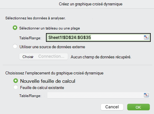 Boîte de dialogue graphique croisé dynamique Create dans Mac.