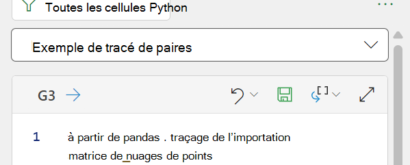 Options de menu pour chaque cellule de l’éditeur de code Python dans Excel.