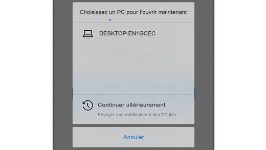 Capture d’écran montrant Choisir un PC dans Microsoft Edge sur iOS afin que l’utilisateur puisse ouvrir une page web sur son ordinateur.