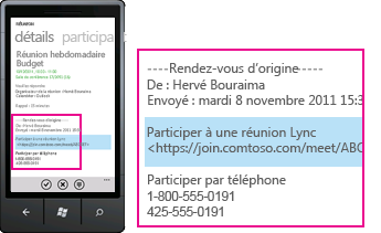 Capture d'écran montrant le numéro de téléphone d'un appel entrant et le bouton pour répondre sur un client mobile Lync