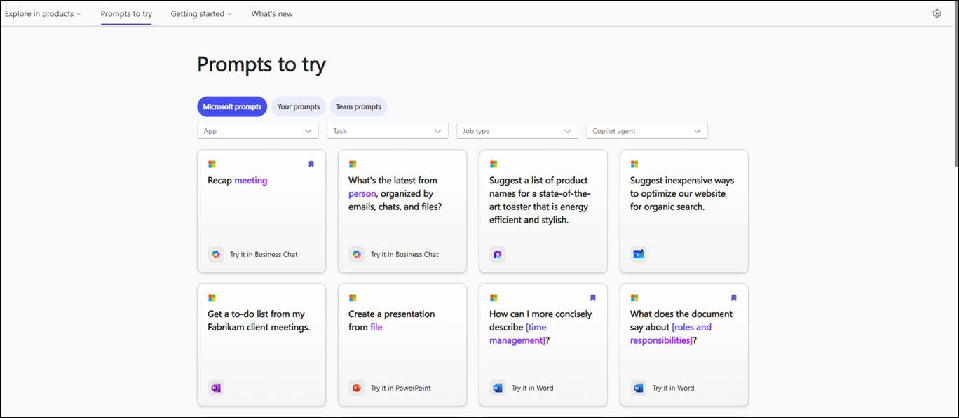 Requêtes section à essayer dans la page Galerie de requêtes Copilot affichant les différentes invites avec les options de filtre telles que l’application, la tâche, le type de travail et l’agent Copilot.